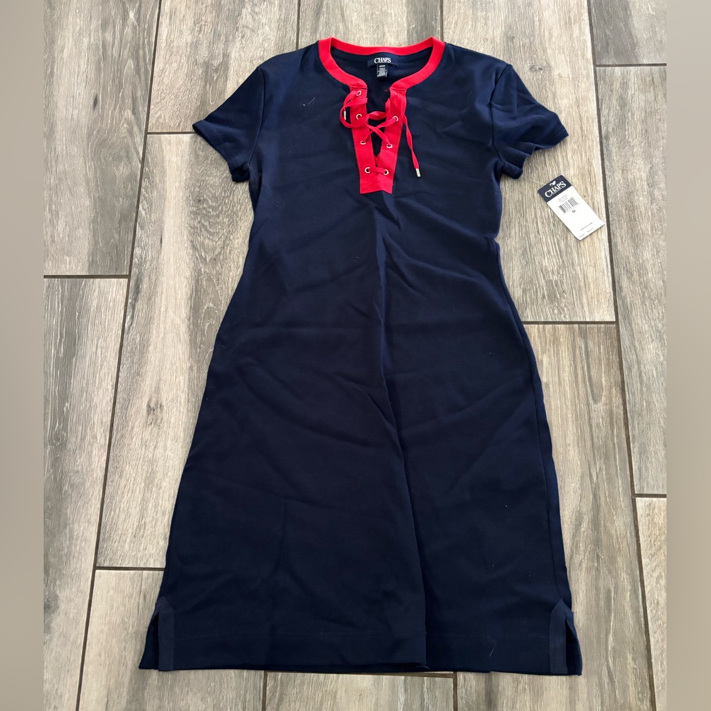 Chaps Navy Dress with Red Lace-Up Trim Size medium.